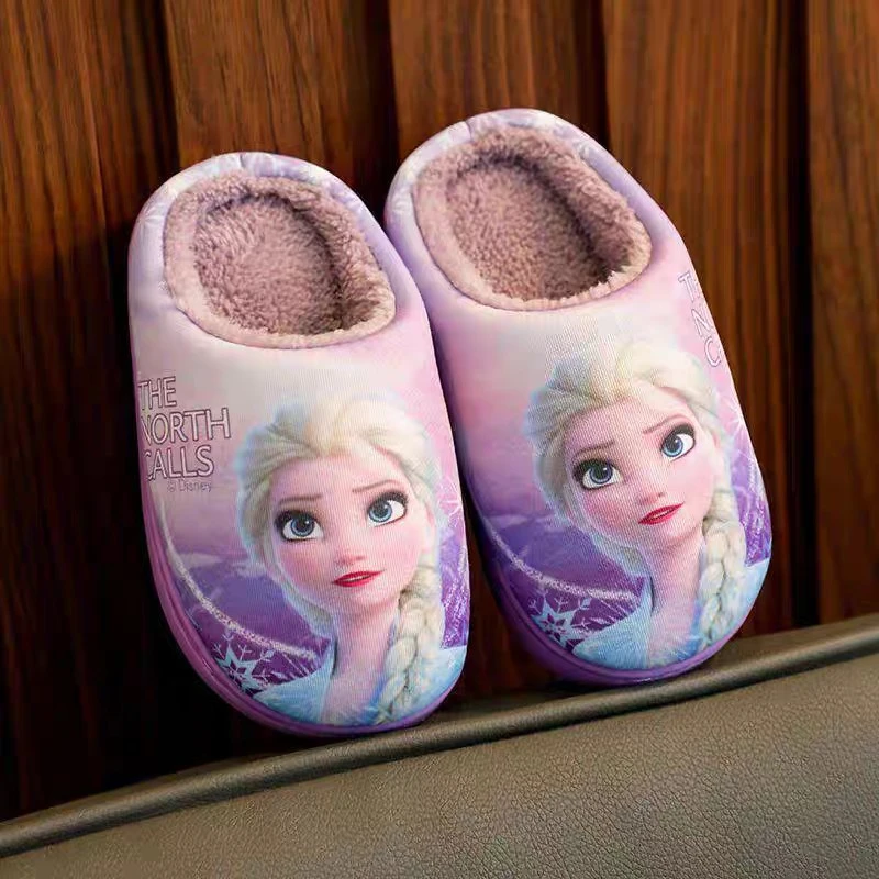 Warme Hausschuhe aus Baumwolle für Mädchen, Elsa-Prinzessin, Hausschuhe, Herbst-Winter, Kinder-Cartoon, niedliche Kinder, weiche Sohle, rutschfeste Hausschuhe