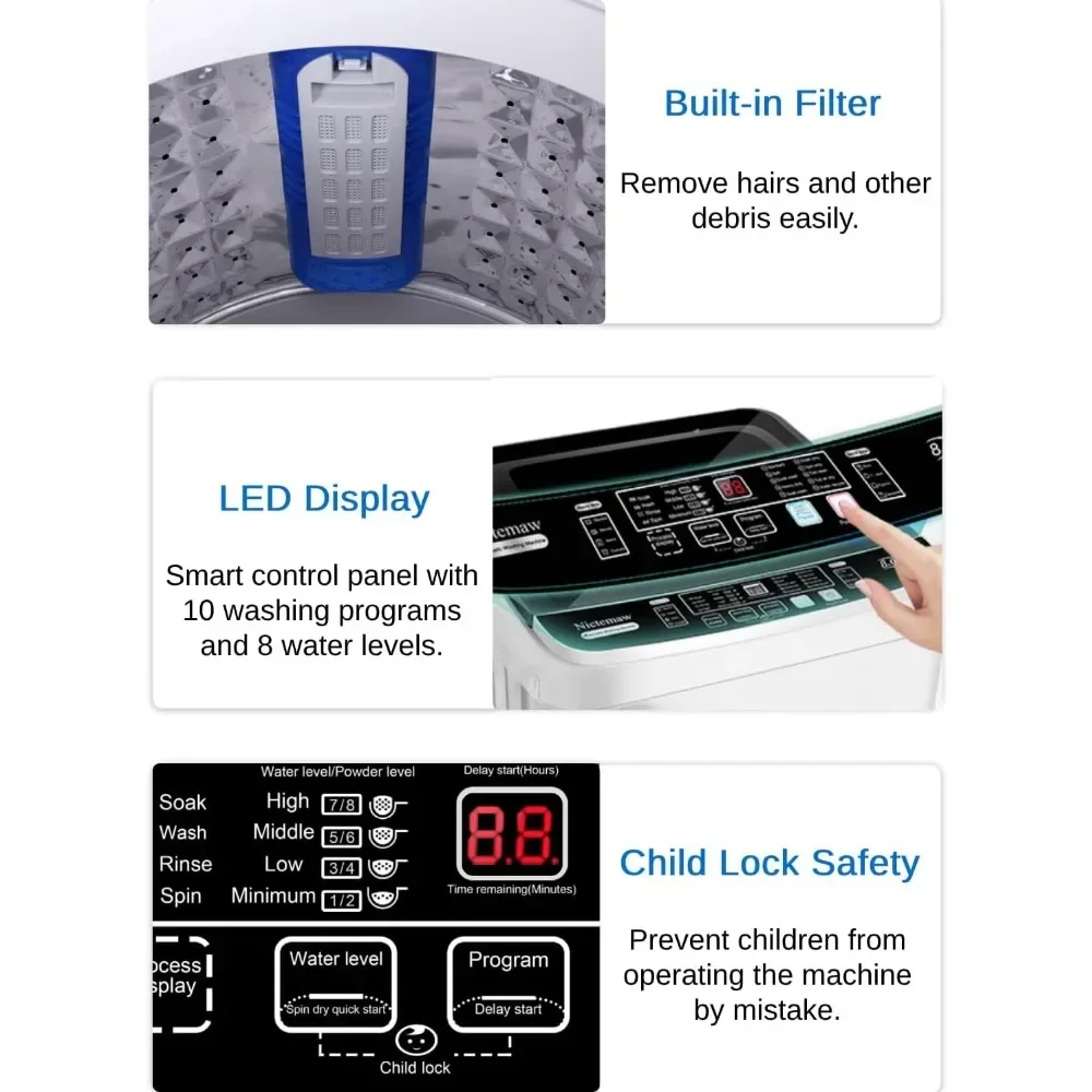 Стиральная машина, Блокировка от детей и высокая эффективность, 2,3 куб. Футов, 10 программ стирки, 8 уровней воды и дренажный насос, полностью автоматическая машина