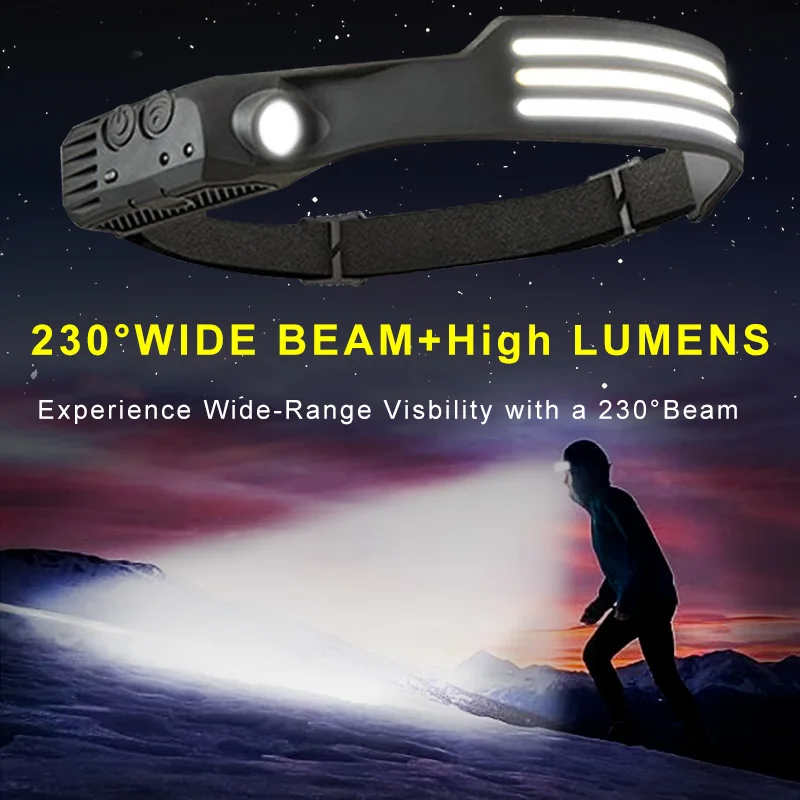 USB Rechargeable Head Torch COB LED Sensor Head Lamp Induction Headlamp Built-in Battery Flashlight 5 Lighting Modes Headlight