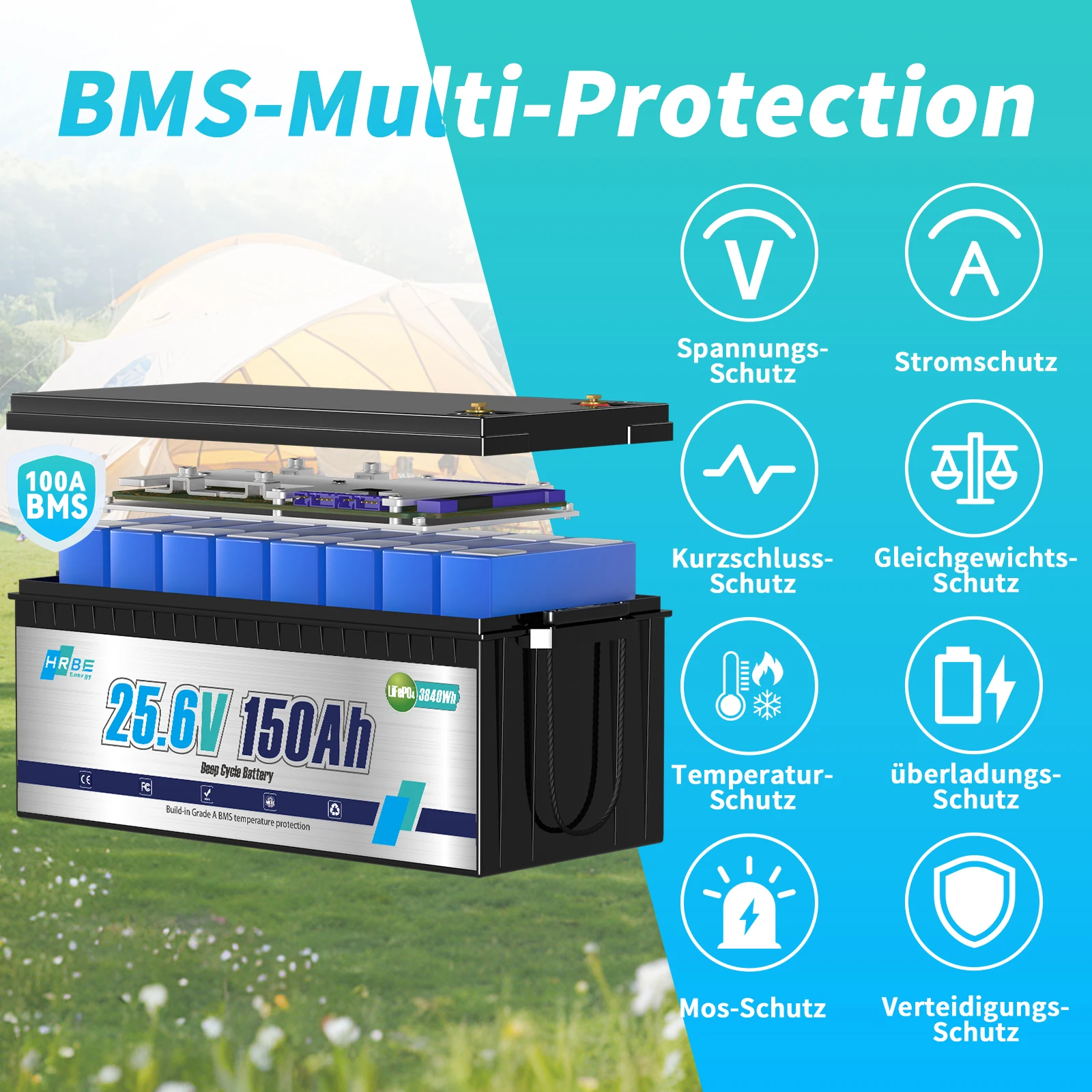 حزمة بطارية ليثيوم HRBEEnerg 24V 150Ah LiFePO4 100A BMS 8000+ دورات لـ RV، الطاقة الشمسية، البحرية، التخييم، محرك التصيد، خارج الشبكة #3