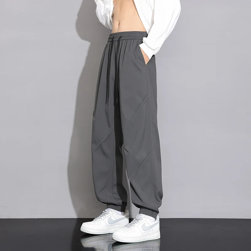 Gray Men's Elastic Waist Drawstring Pants, Fashion Casual trousers, White, Black Available Pant, Asian size S,M,L,XL,XXL,XXXL