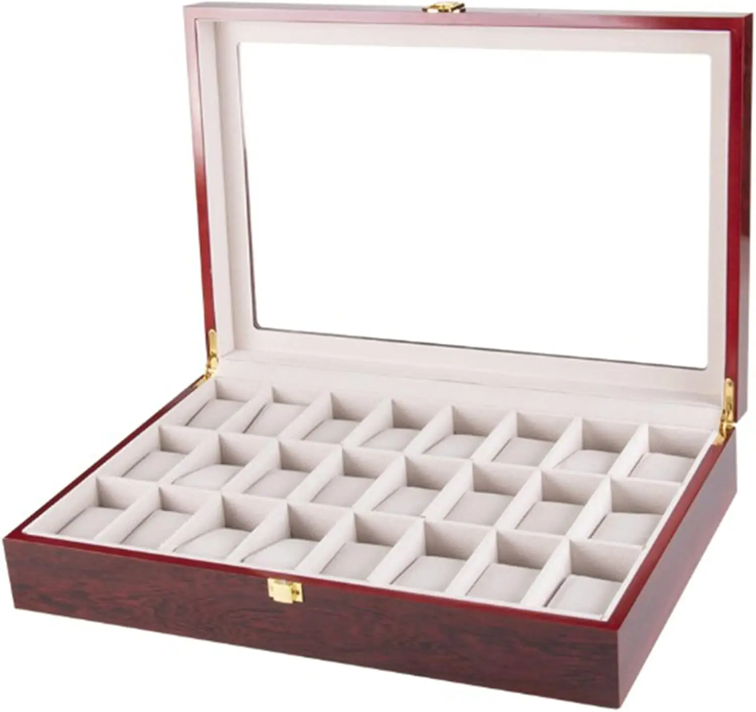 Vitrina de madera para relojes con 24 ranuras y tapa de cristal - Caja organizadora para almacenamiento de joyas en madera de ébano (Stock de EE. UU.)