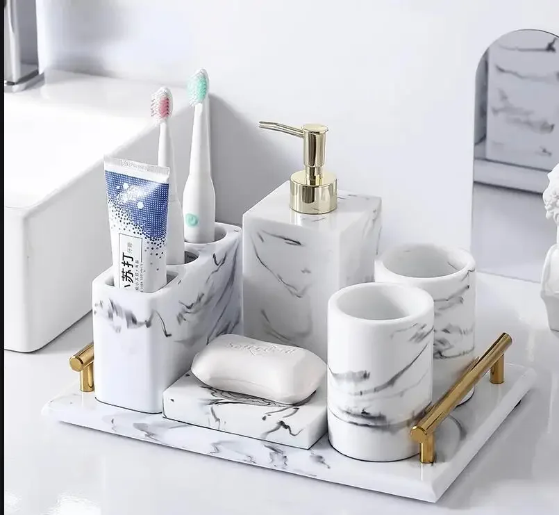 

Resin Bathroom 5-piece Set Rectangular Tray Marble Toiletries Wash Lotion Bottle Cotton Swab Box Mouth Cup Soap Dish
