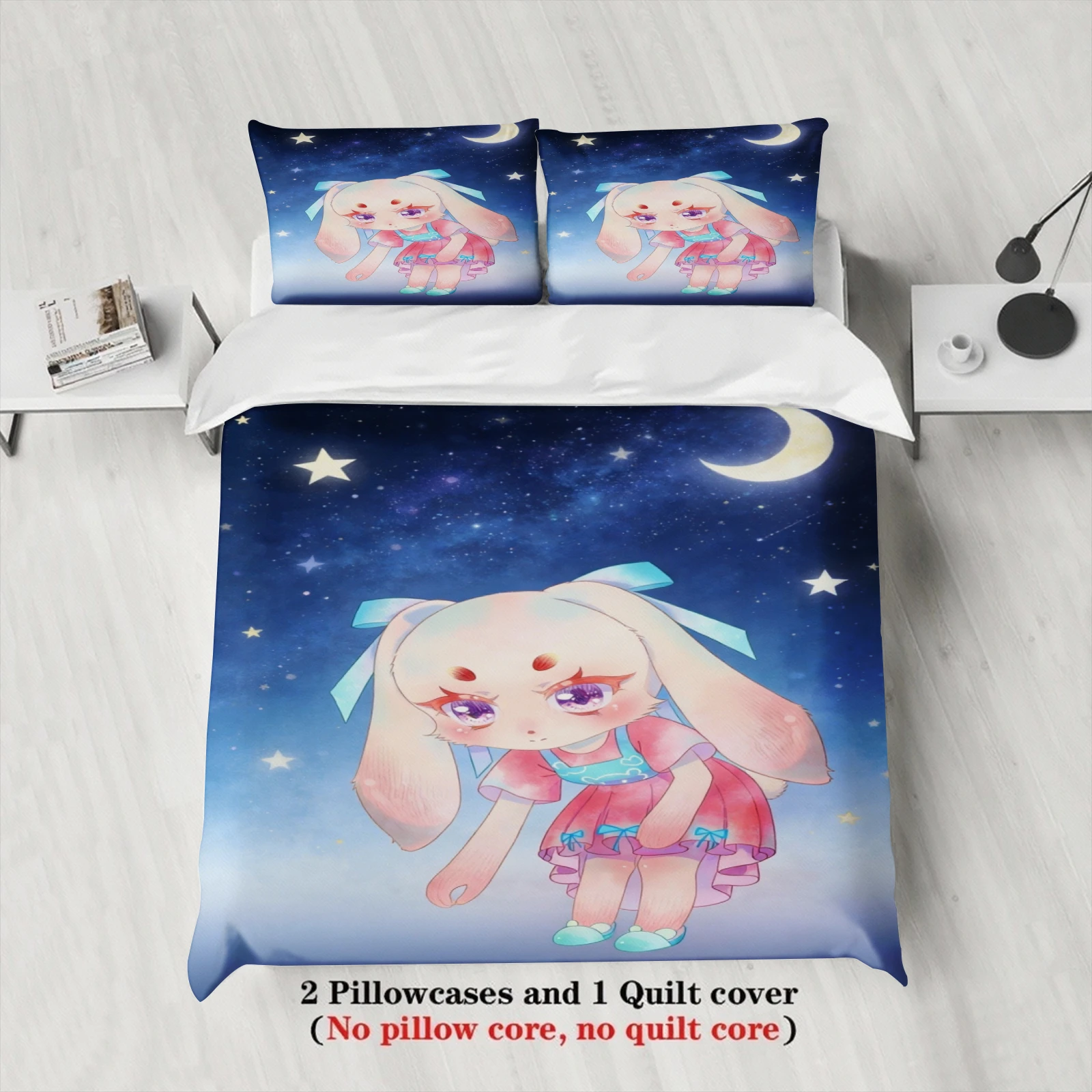 Softville Cozy Town 3PCS Bedding Sets Lop Rabbit in Starry Night Printed Duvet Cover No filling Cartoon Style Queen King Size