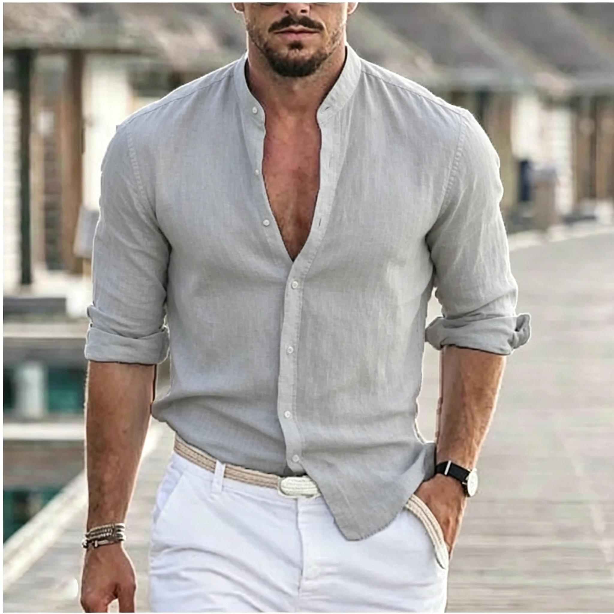Beach vacation style solid color stand up collar shirt for men, loose and hanging, no ironing commuting long sleeved shirt