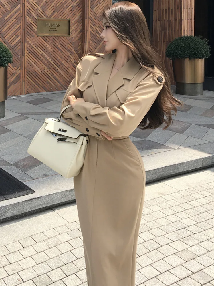 High Quality French Elegant Fashion Long Dresses For Women 2024 New Fall Korean OL Windbreaker Dress Vestidos Largos Robe Femme