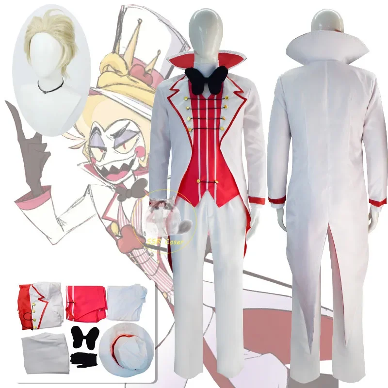 Hazbin Lucifer Cosplay Anime Hotel Morningstar przebranie na karnawał peruka tata biały garnitur diabeł piekło impreza z okazji Halloween kostium dla dorosłych mężczyzn