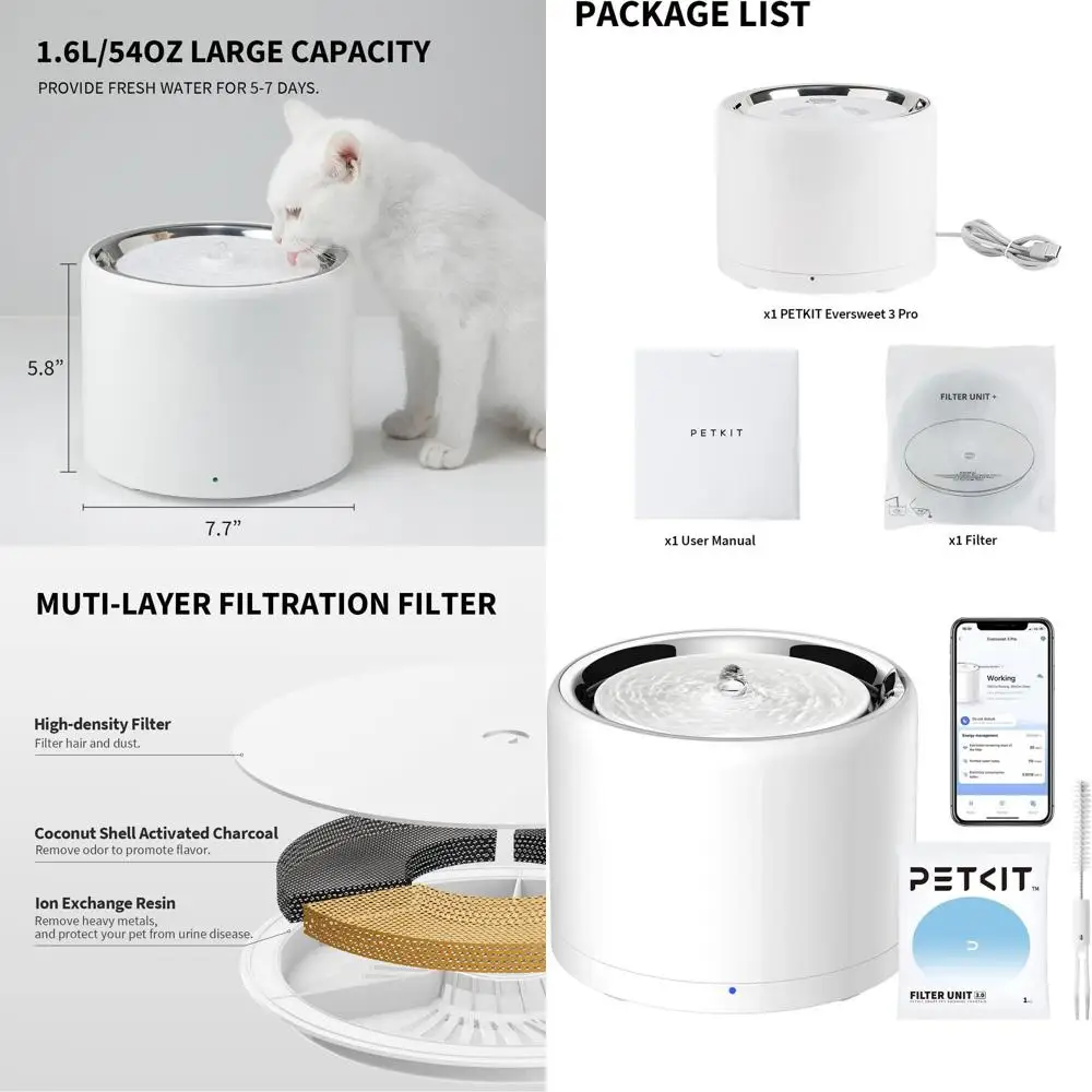 

Wireless 1.6L Stainless Steel Cat Water Fountain with App Monitoring, Quiet Operation for Indoor Use