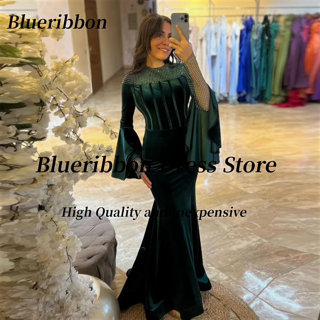 فستان Blueribbon-Velour حورية البحر ، حفلة مسائية ، أكمام طويلة ، فساتين حفلة موسيقية ، ظهر بسحاب ، ملابس ضيوف الزفاف ، أخضر داكن