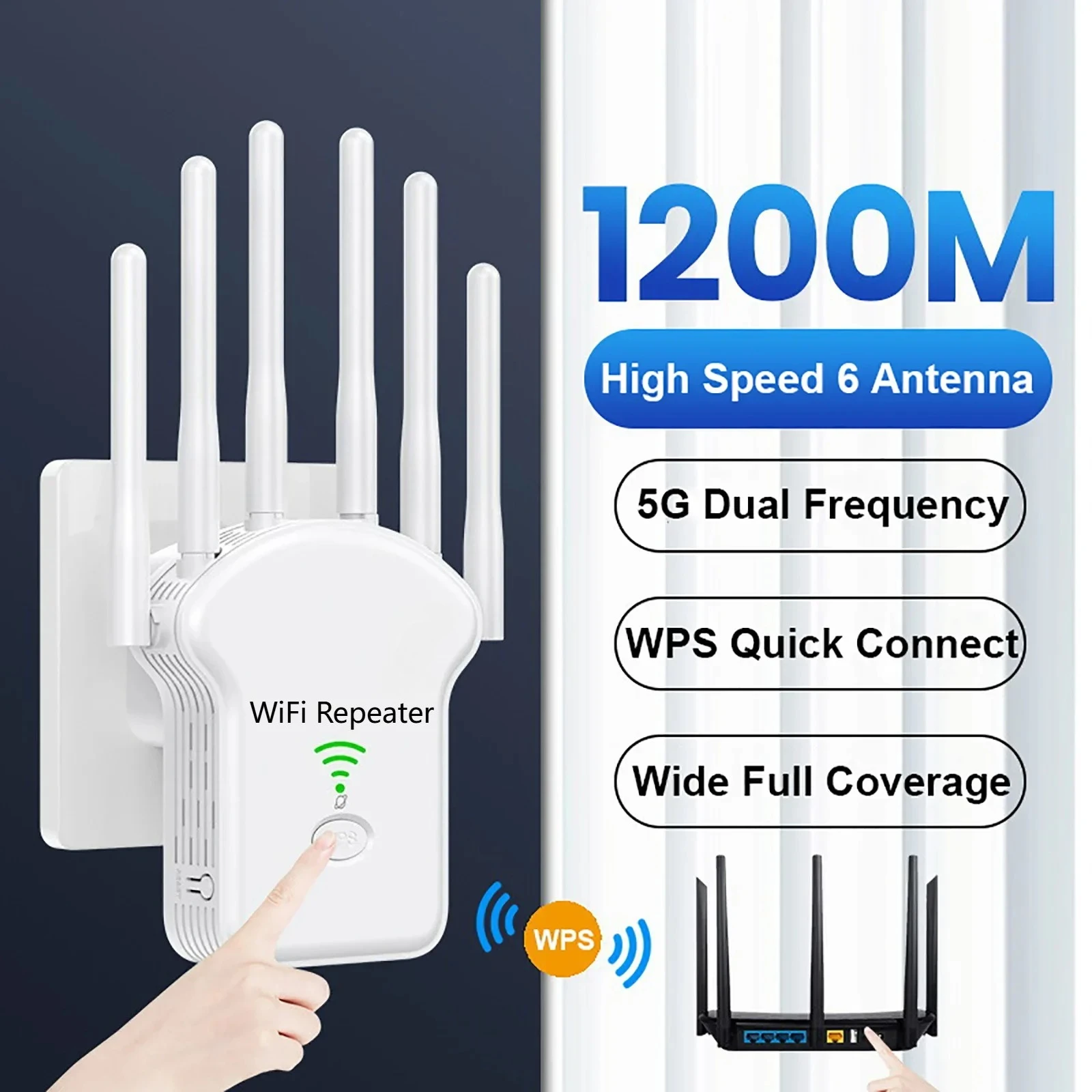 WiFiリピーター 無線ルーター 1200Mbps 高速 6アンテナ ネットワーク増幅器 リピーター 信号拡張器 範囲拡張 WiFiブースター