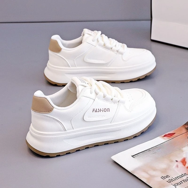 

2026 Spring New Women White Sneakers Thick Sole Soft Leather Casual Shoes Trendy Platform Skate Shoes Female Footwear