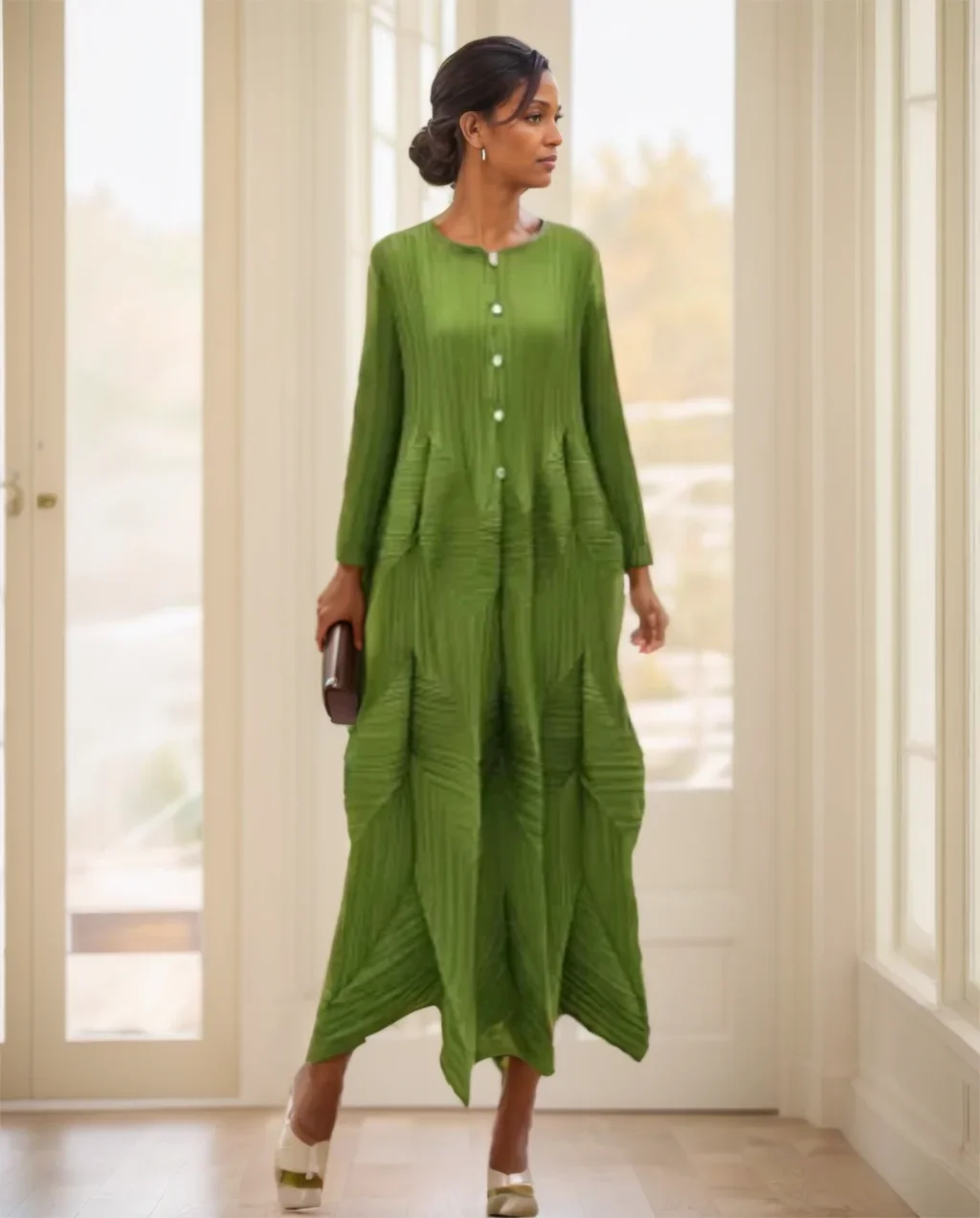 

Miyake Dress Women's Solid Color Round Neck Long Sleeves Elegant Pleated Button Stitching Loose Waist Mid-length A-line Skirt