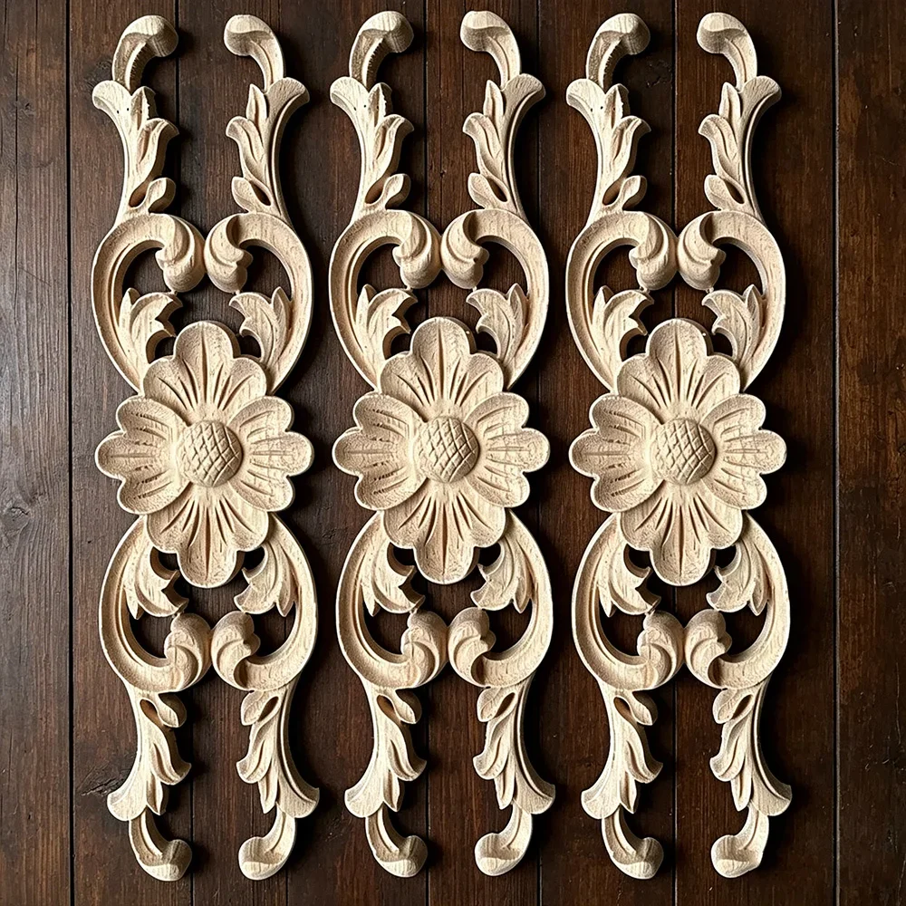 3PCS 24cm Simple Vintage Wood Carved Decal Corner Onlay Applique Frame Furniture Wall Unpainted Home Cabinet Door Decor Craft