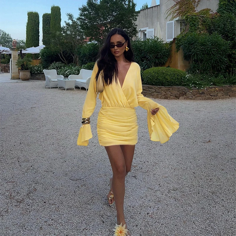 Street Style Yellow Butterfly Sleeve Pleated Dress Casual V-Neck Ruched Sheath Dresses Women 2026 Summer Sexy Slim Mini Dress