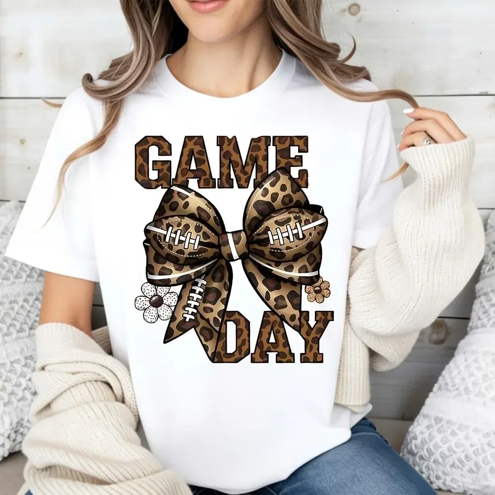 Women's Flat Style Short Sleeve Oversized Casual Essential Breathable Fabric Leopard Print Graphic Tee - Game Day Football Bow Top, Fall Gift for Football Fans,sohochic