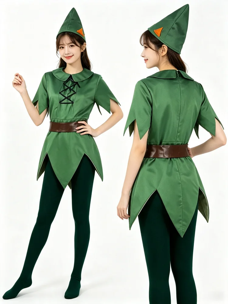 Disfraz de Peter Pan, Conjunto de Elfo del Bosque (Incluye Traje de una Pieza, Medias, Sombrero y Cinturón), para Fiestas de Halloween, Actuaciones Escénicas, Unisex