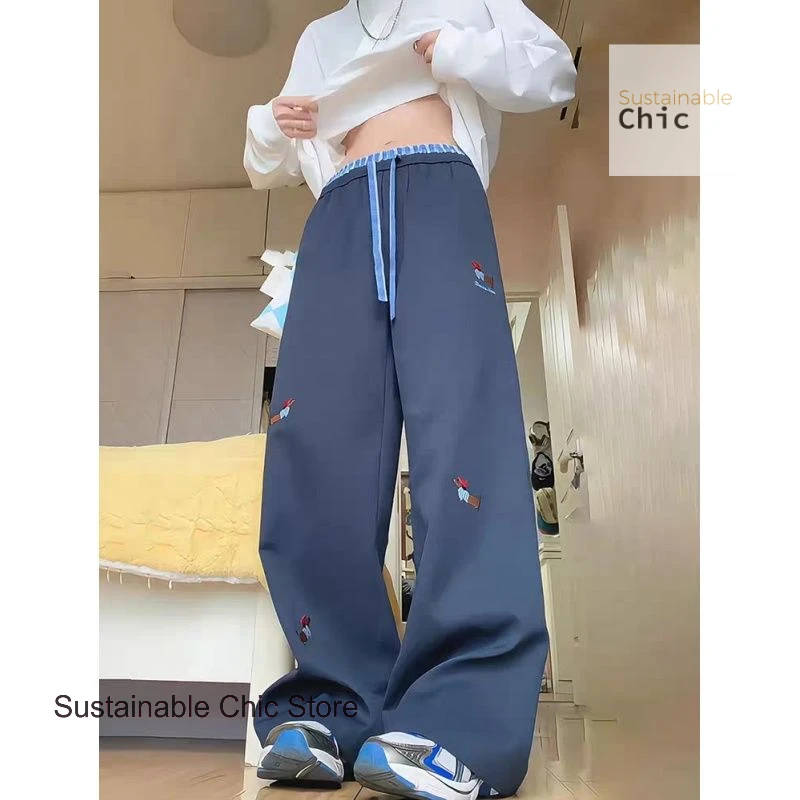 American contrast embroidered high waist straight pants female summer new puppy embroidered breathable Joker casual pants.