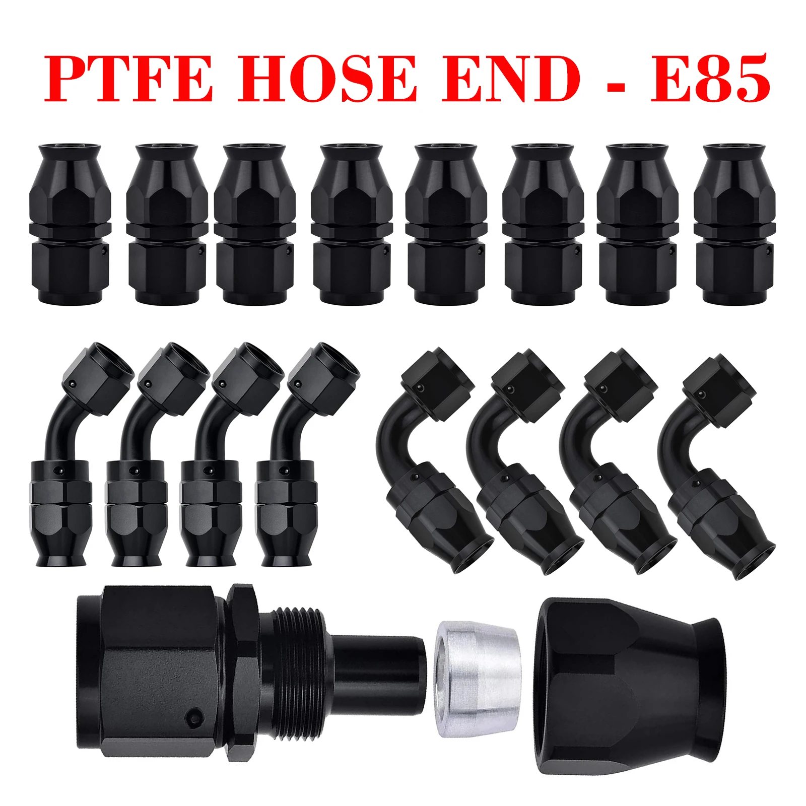 

E85-PTFE Swivel Fuel Hose End Fitting Aluminum Accessories Adaptor AN3 AN4 AN6 AN8 AN10 AN12 AN16 AN20 0/45/90/180Degree Black