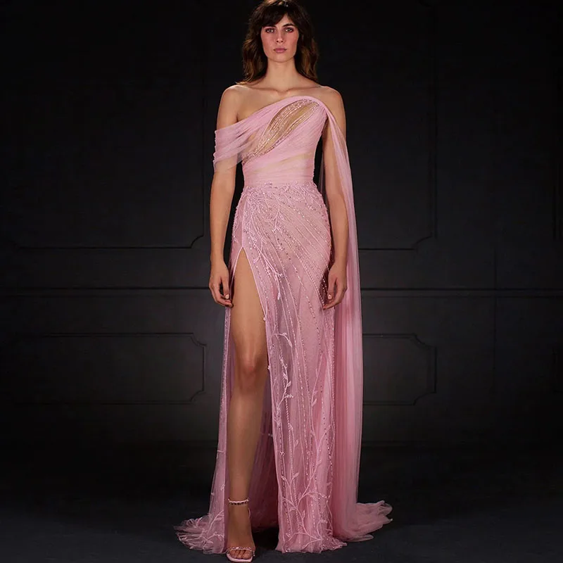 

LAYXHS Fashion Round Neck Formal Evening Dresses Pink Beaded Applique Side Slit Prom Dresses Customized فساتين سهرة