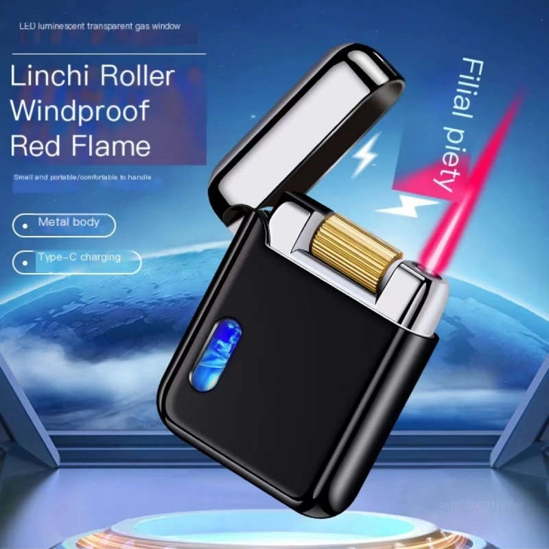 

Metal Zinc Alloy Windproof Jet Red Flame Butane Gas Lighter LED Emitting Visible Gas Window Roller Ignition USB Lighter Gadgets