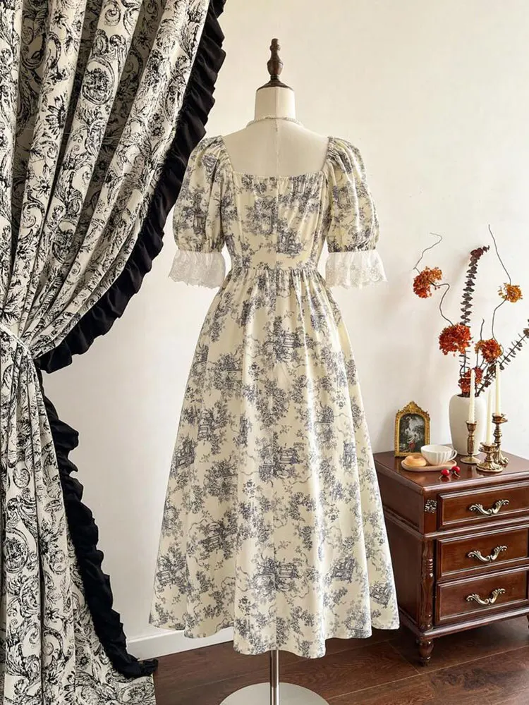 Nuevo vestido largo de talla grande con estampado botánico para mujer, cuello cuadrado, encaje, mangas cortas abombadas, vestidos de fiesta ajustados, bonito vestido de cumpleaños francés