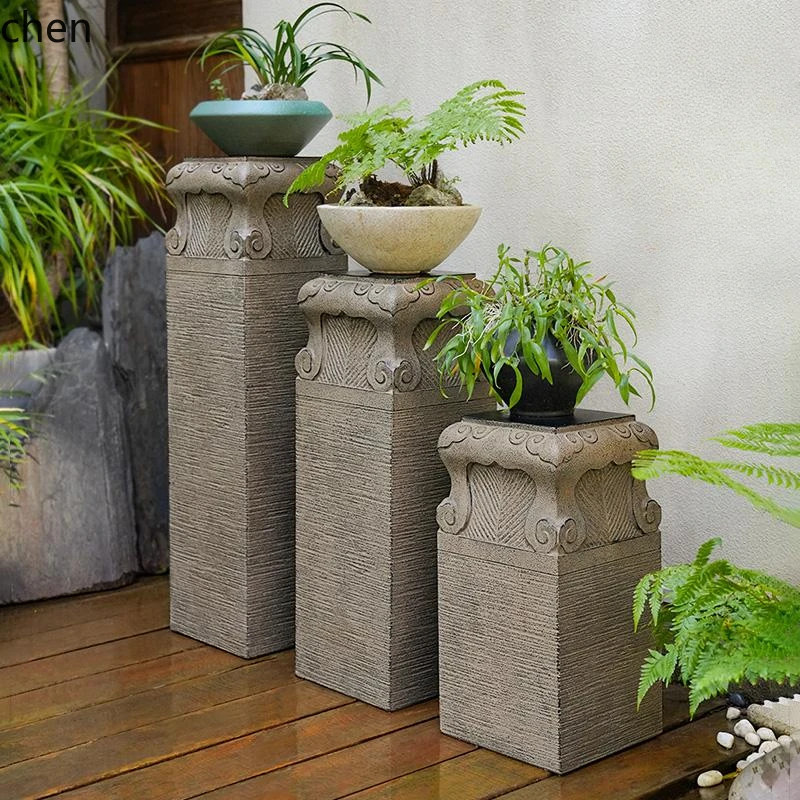 HT courtyard outdoor floor antique stone column cement base bonsai shelf auspicious cloud column stone pier town house