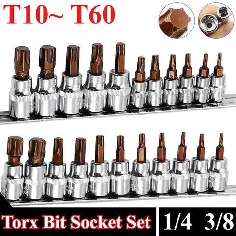 Torx Screwdriver Bits Set 1/4 3/8 Inch Drive Socket Head Tools T10 T15 T20 T25 T27 T30 T40 T45 T50 T55 T60 Socket Wrench Adapter