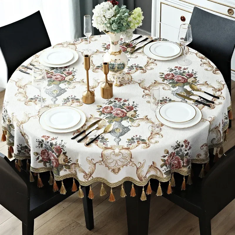 EIFLOY-European Round Tablecloth Fabric, Dining Coffee Table Cover, Large, with Tassels, Chenille Jacquard, Party Decoration
