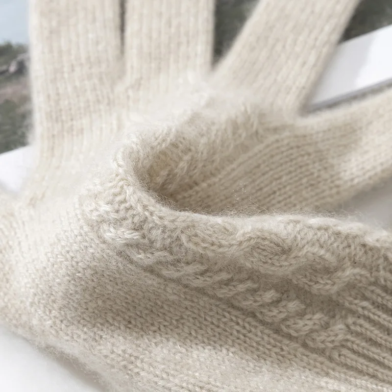 Knitted 100% Cashmere Gloves Women Winter Warm Outdoor Accessories Cable Pattern