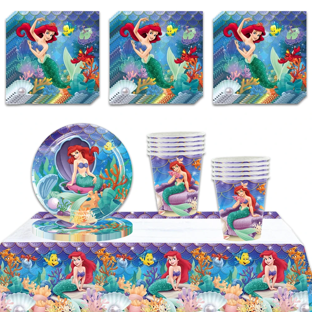 61pcs/lot Disney Mermaid Birthday Party Kids Girl Favor Ariel Princess Cup Plate Napkins Decoration Tablecloth Supplies