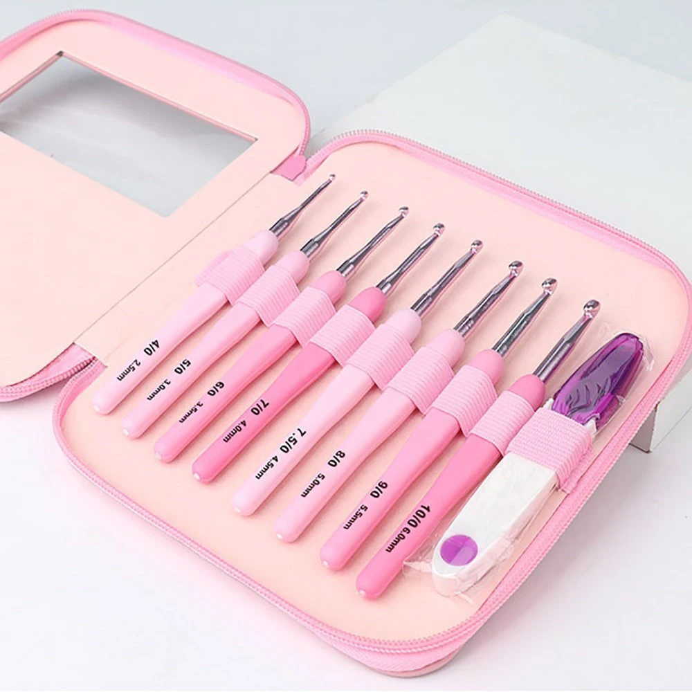 

9pcs Handle Pink Crochet Hook Set Aluminum 2.5-6mm 8 Sizes Ergonomic Soft Handle Aluminum Hooks Set DIY Crocheting Supplies