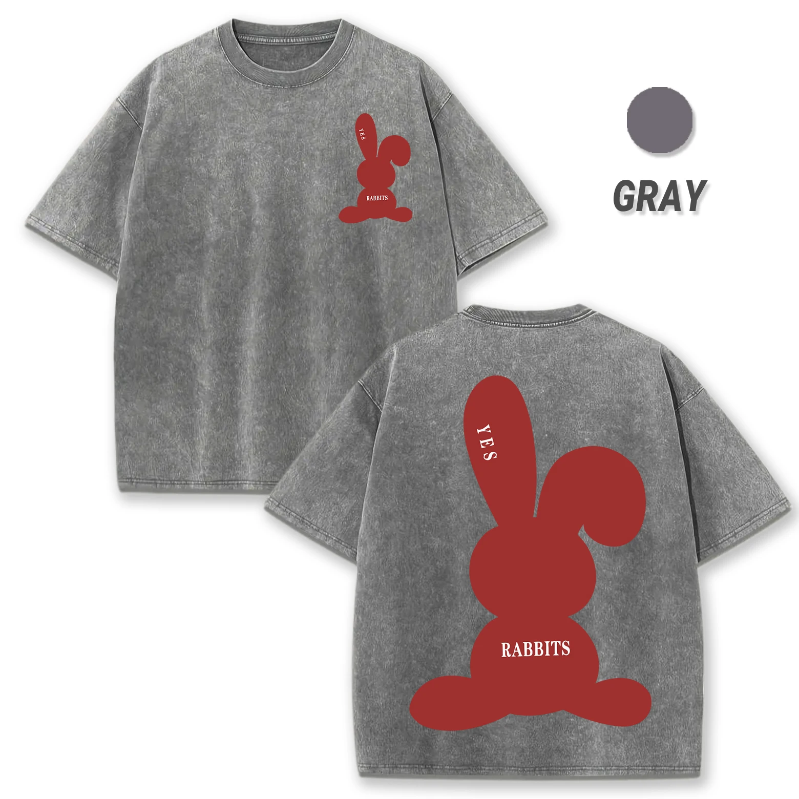 

Yes Rabbits Outline Print Man'S Washed T Shirt Summer O-Neck Oversize Short Sleeve Trendy Cotton Clothes Casual Soft T-Shirt