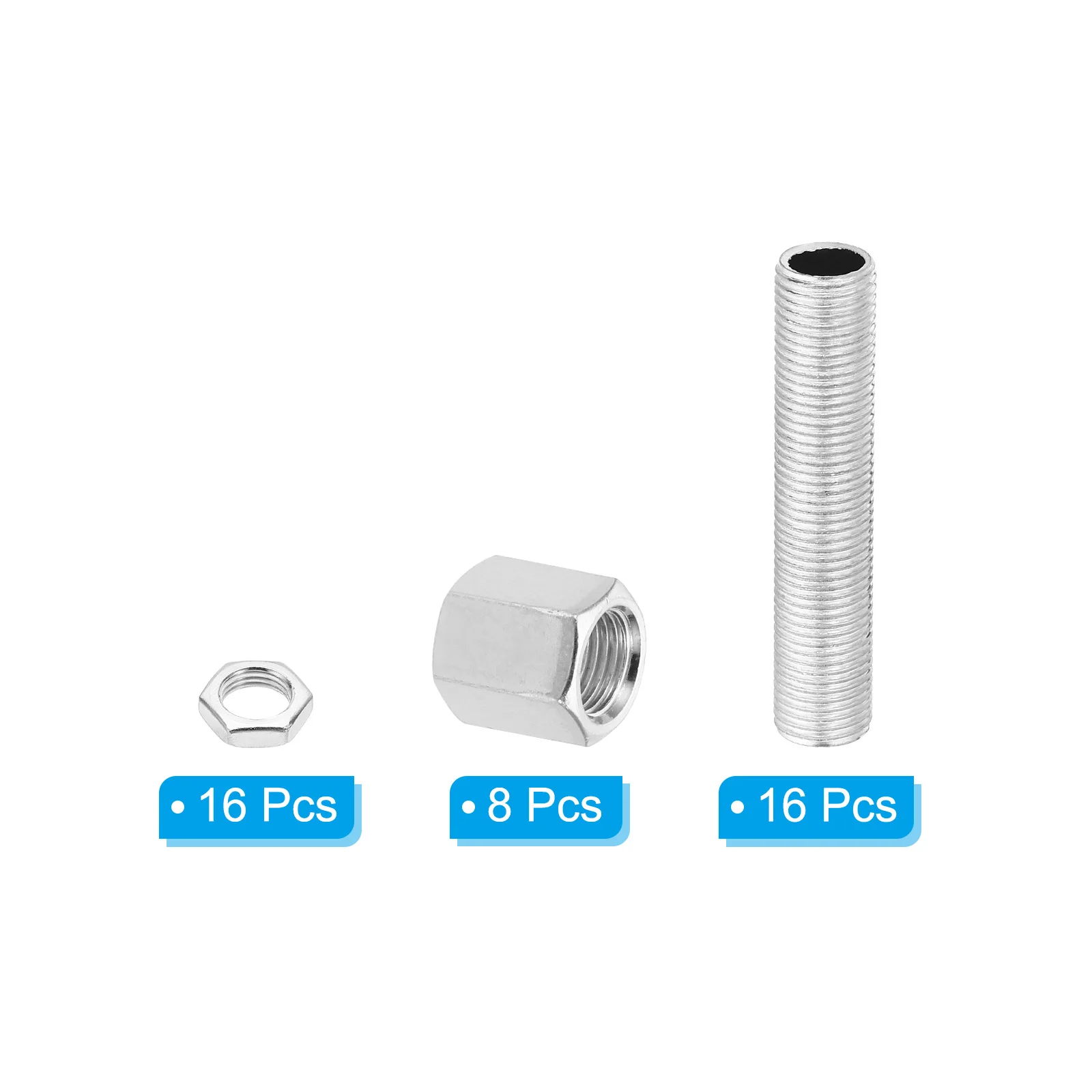 32/40Pcs M10 Fine Thread Lamp Pipe Repair Parts Kits M10x15-30 Metal Hexagon Closed Coupling Nut with Threaded Pipe and Hex Nut