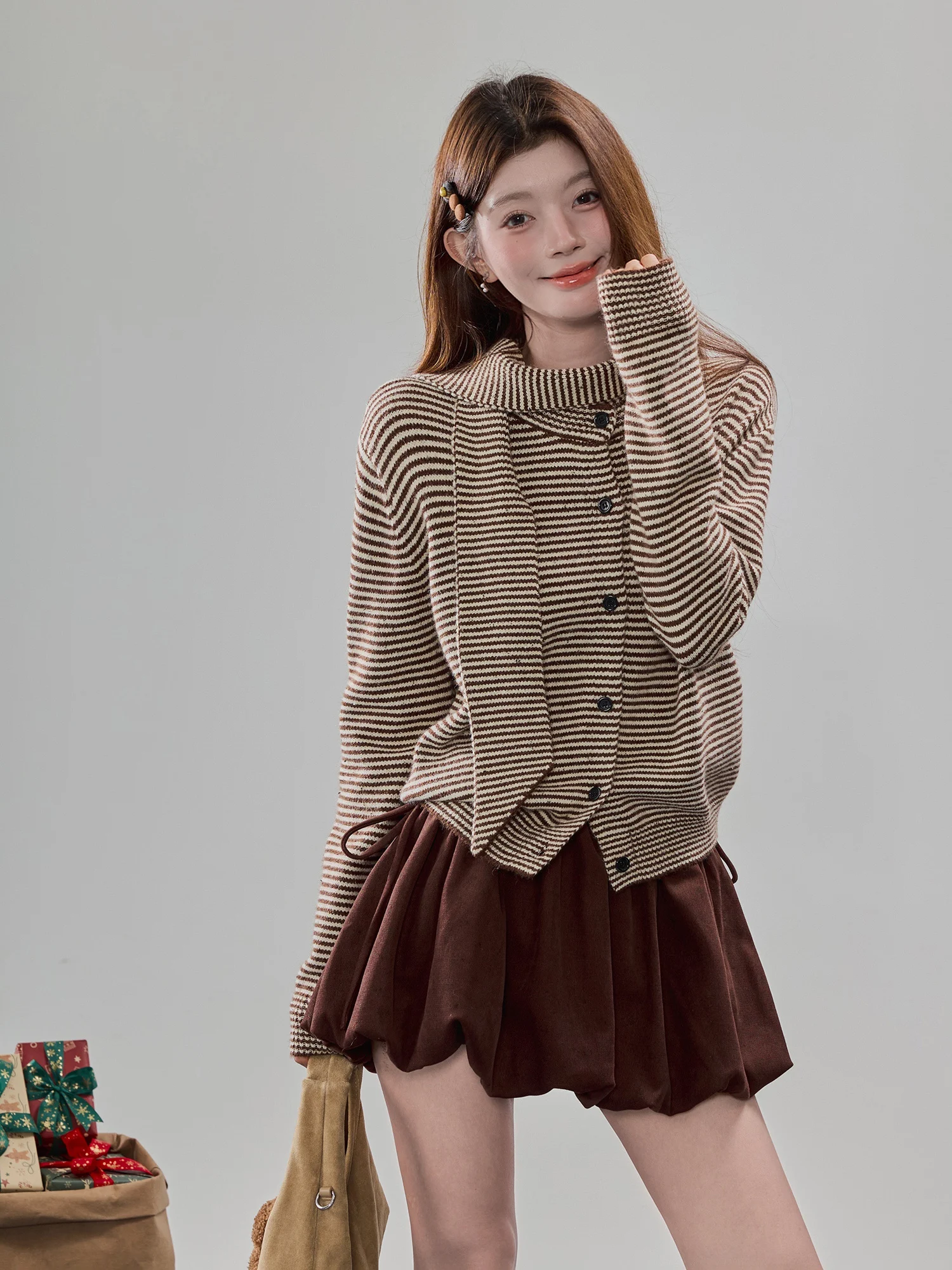 

Swee Brown Retro Striped Knitted Open Cardigan Sweater Women's Casual Loose Outerwear Top Soft Comfortable Long Sve