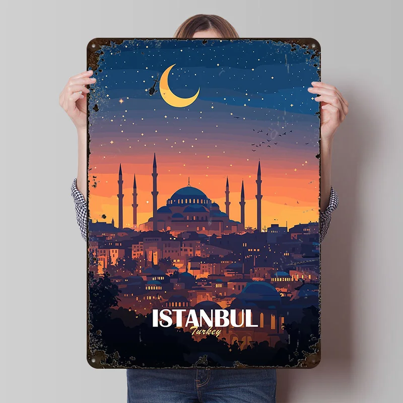 Istanbul Turkey Nightscape Printed Poster Retro Vintage Wall Art Metal Tin Signs for Home Room Apartment Decoration Gaming Decor