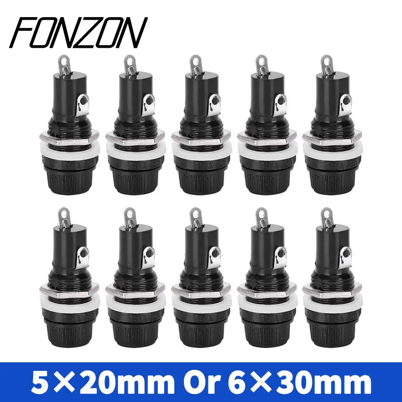 

5 pcs 5*20mm 6*30mm 10A 250V Glass Fuse holders Black Insurance Tube Socket Panel Mount Fuse Socket Copper