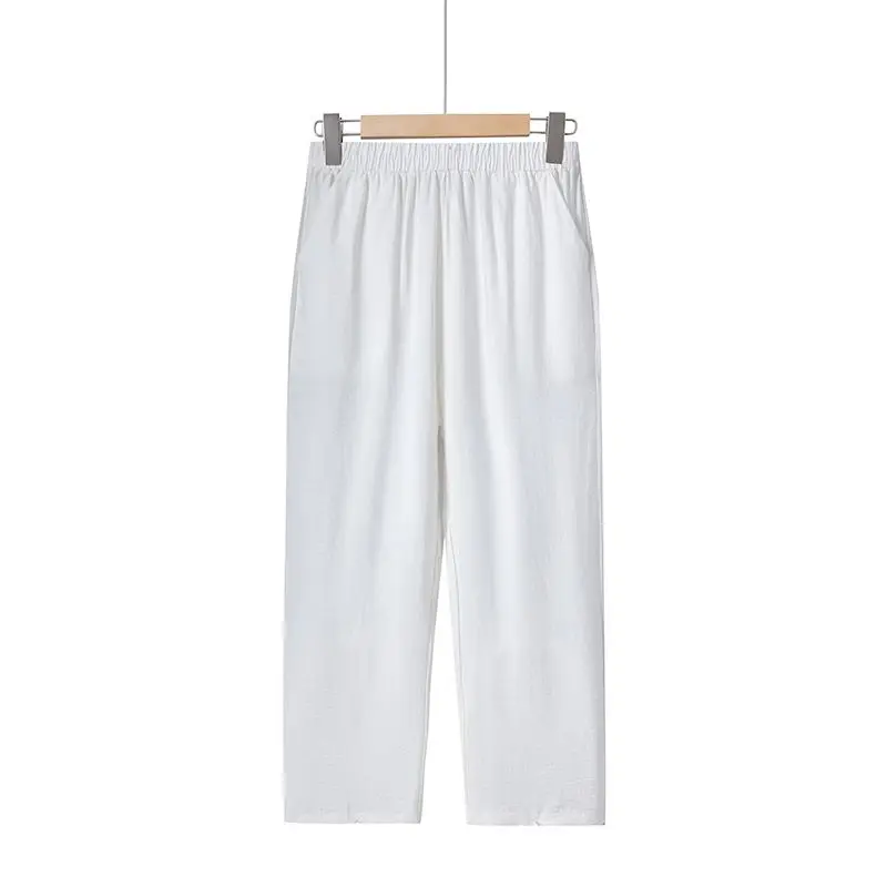 Primavera e autunno donna elastico a vita alta solido tasca arricciatura pieghe gamba larga Crop pantaloni Casual moda elegante pantaloni larghi