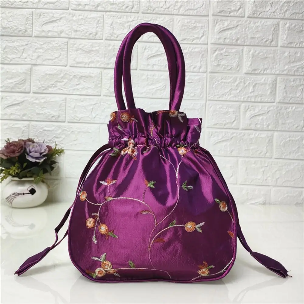 Elegant Embroidered Flower Women Flower Handbags Handmade Top Handle Cosmetic Handbag Purse Ethnic Style Drawstring Bag Women