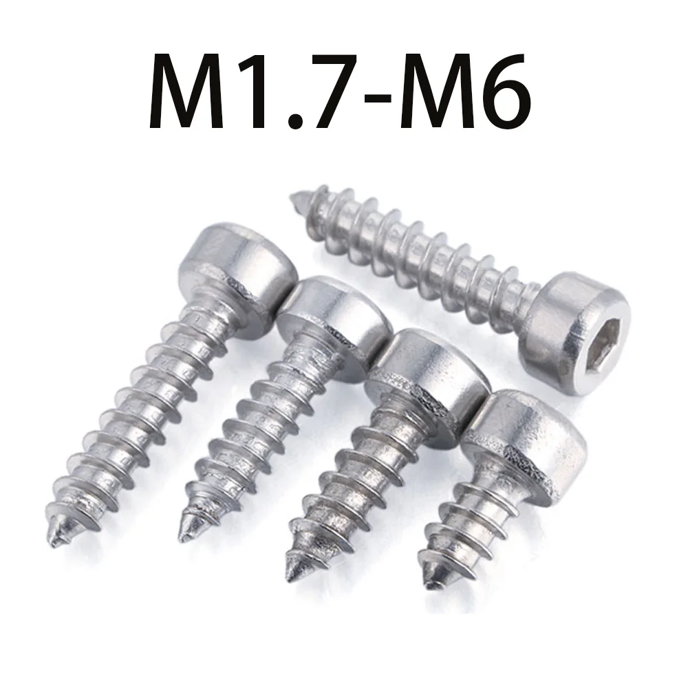 10-100pcs A2-304 Stainless Steel Allen Wood Screws M1.7 M2 M2.3 M2.5 M3 M3.5 M4 M5 M6 Hexagon Socket Cup Head Self Tapping Screw