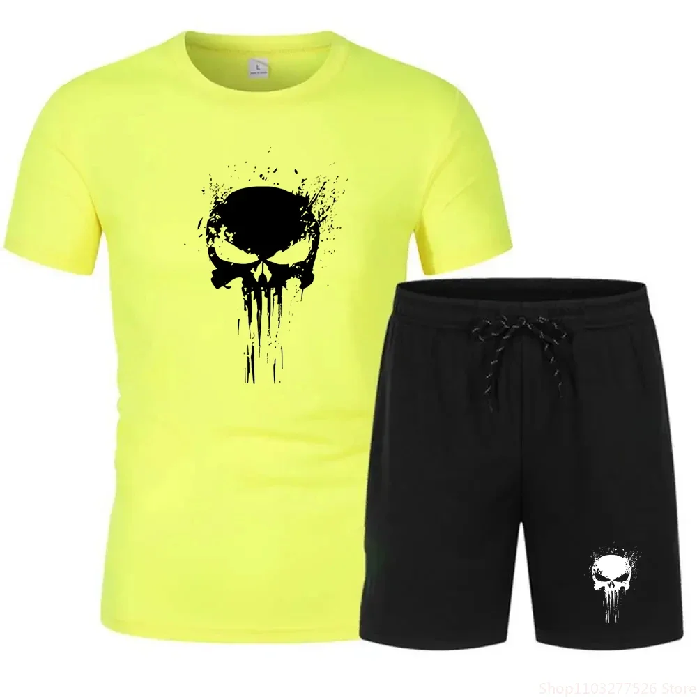 Men\'s skull printed sportswear, short sleeved T-shirt and shorts, two piece set of sportswear for cycling and jogging