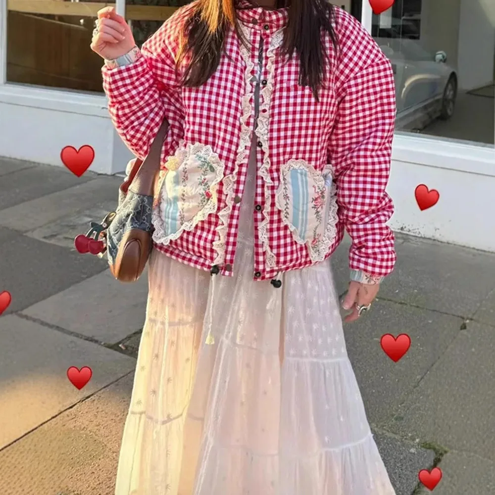 

2025 F/W Women's Quilted Checkered Jacket Asymmetric Panel Streetwear Coat Cotton Blend Winter Outerwear with Detachable Hood