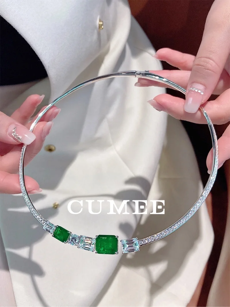 Cumee 925 Silver Cultivation Emerald Collar Necklace Open Round Chain Jewelry Statement Choker Necklace for Women Summer Beach