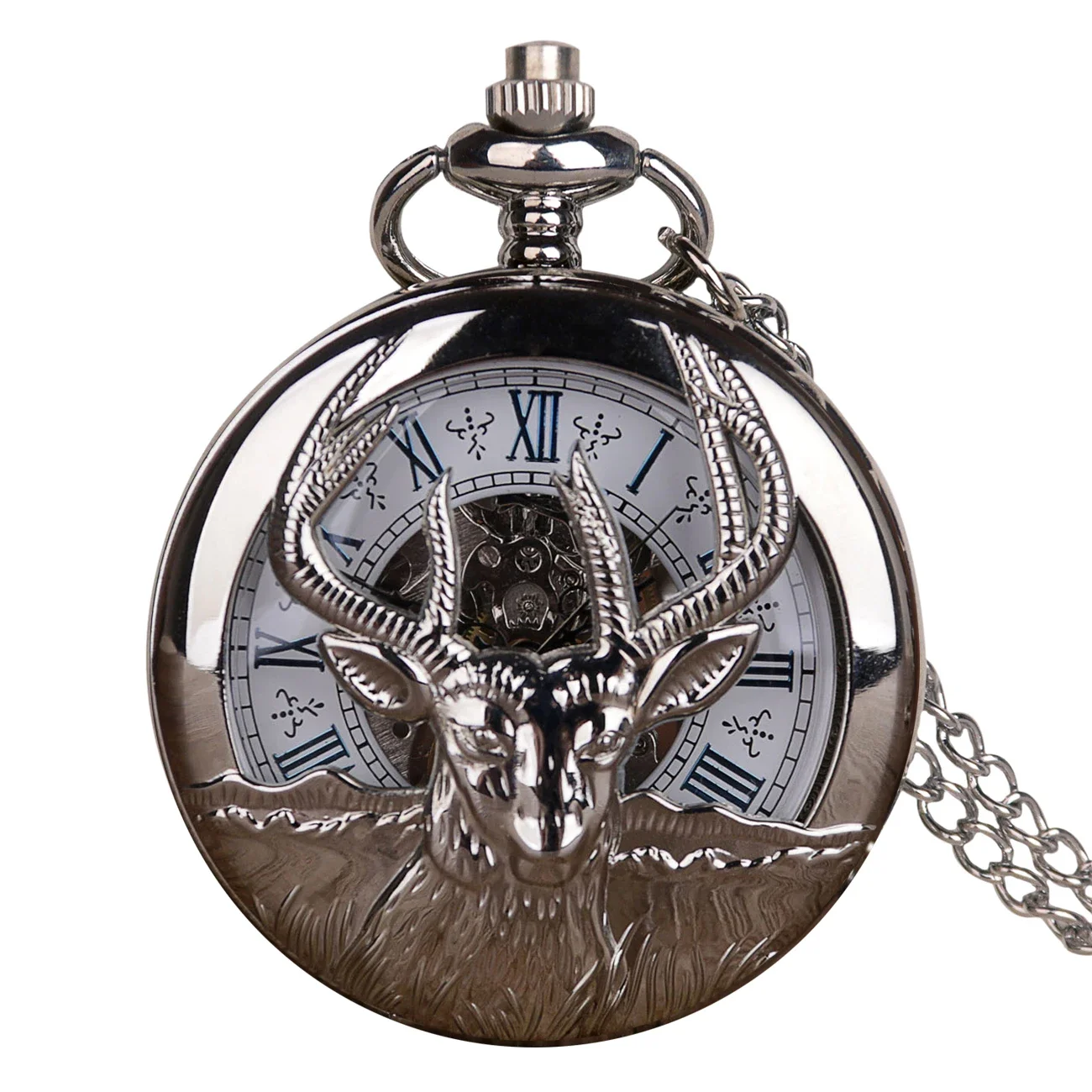 Mechanical Pocket Watch Elk Pattern Roman Numerals Dial Manual Machinery Silver Fob Chain Pendant Clock Male