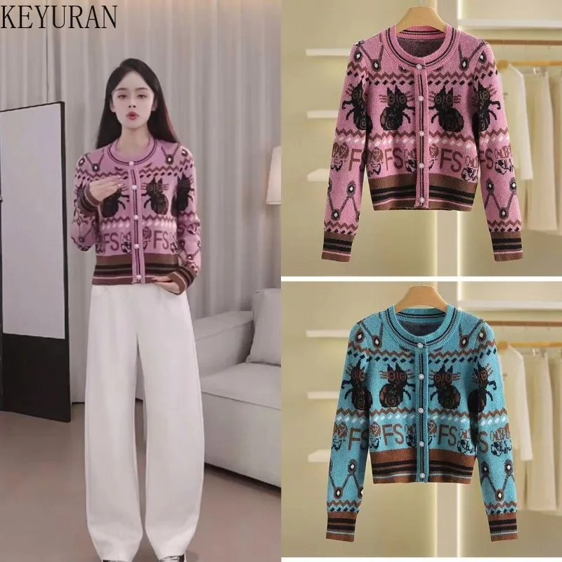 Vintage Jacquard Buttons Sweater Women Spring Autumn Fashion O-neck Long Sleeve Knitted Cardigan Coat Femme Knitwear Tops Jumper