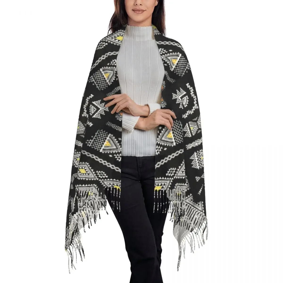 Stijlvolle Kabyl Amazigh Tapijt Kwastje Sjaal Vrouwen Winter Herfst Warm Sjaal Wrap Lady Afrika Berber Etnische Geometrische Sjaals