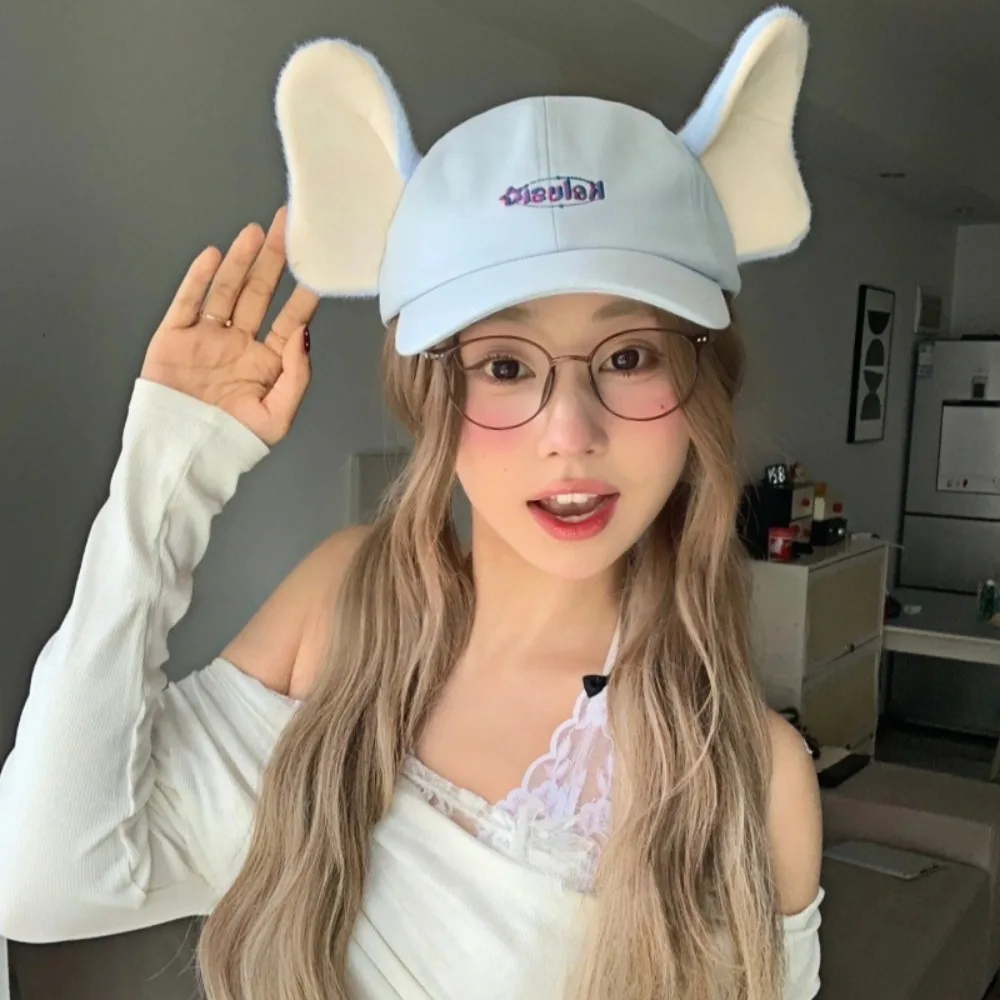 أزياء لطيف قبعة الفيل مع آذان الأنف الأشعة فوق البنفسجية حماية كيتي قبعة بيسبول Bowknot الكرتون لوب الأذن أرنب قبعة الفتيات #4