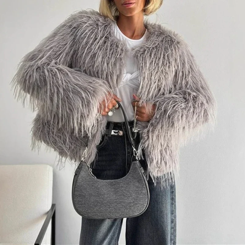 

Y2k Streetwear Elegant Jacket Open Stitch Outerwear 2025 Autumn Winter Warm Faux Fur Coats Women Jackets Short Coat Thick
