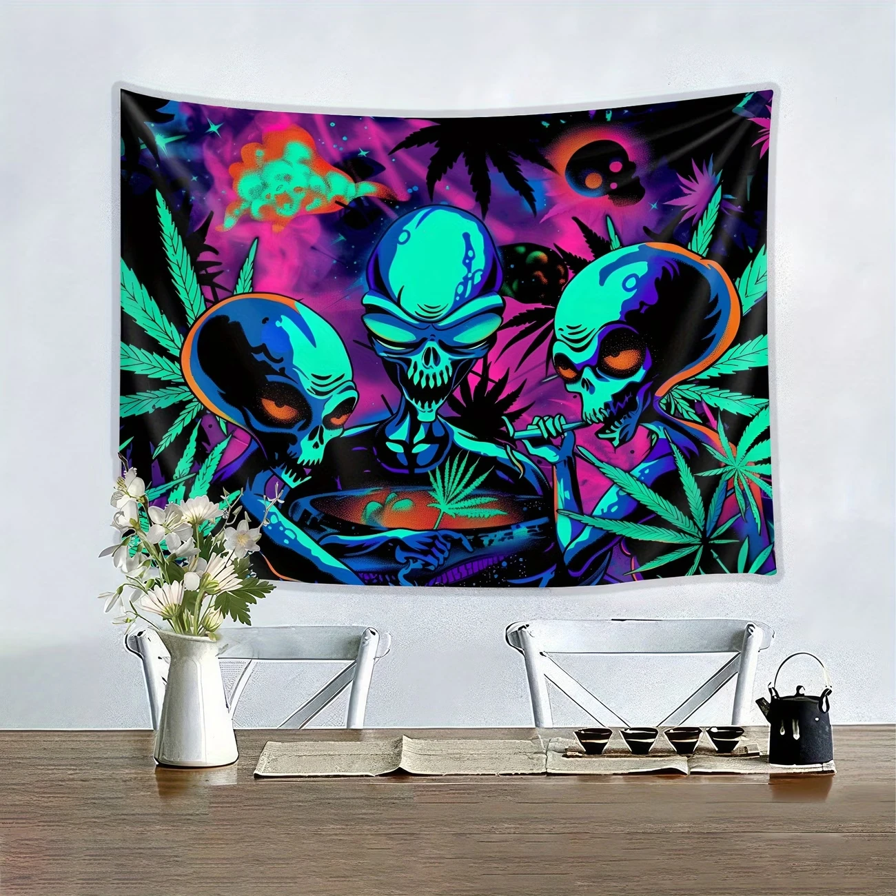 VIKAMA Psychedelic Space Alien Tapestry, Trippy Skull Weed Leaf Wall Decor, Aesthetic Hippie Tapestry for Teen Room