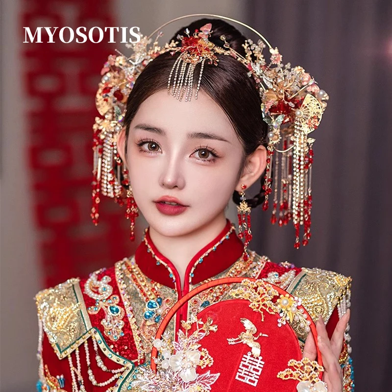 New Xiuhe Red Chinese Style Wedding Hairband Flower Bride's Virgin Mary Designs Hanfu Headpiece Accessories