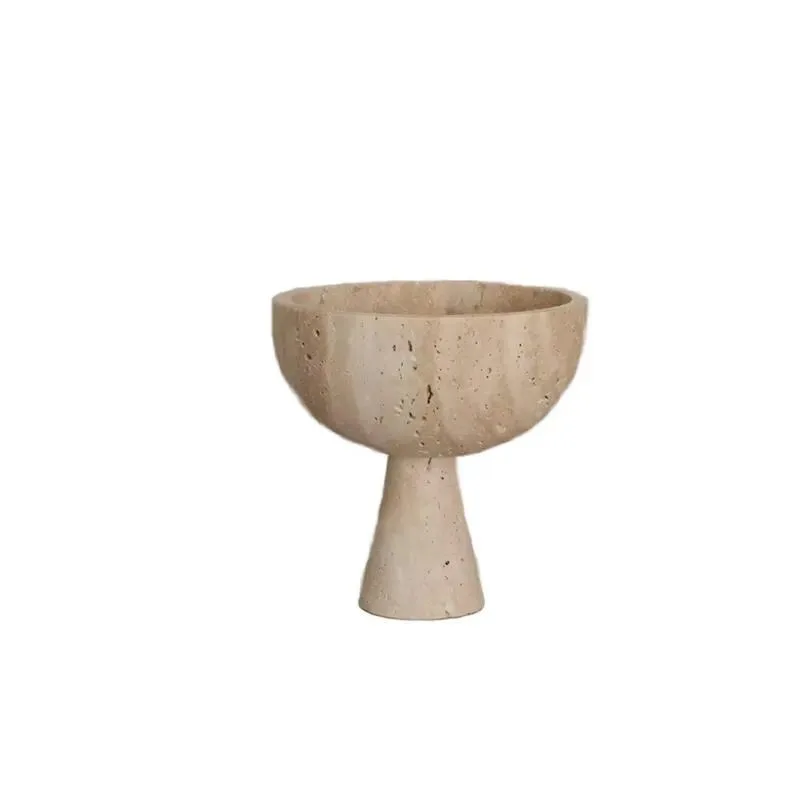 Natural Beige Limestone Marble Pedestal Vase Polished Curved Fruit Bowl Flat Panel Home Decor Villa Gift Service Tray